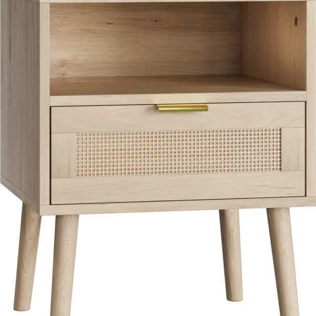 Merax Nachtkastje met Rattan Lade en Open Vak – Bohemian Stijl – Hout – 45x40x55 cm – Naturel Eiken Bruin