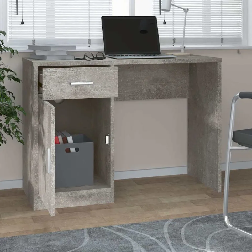 vidaXL Bureau met kast en lade 100x40x73 cm bewerkt hout betongrijs grijs, foto 3