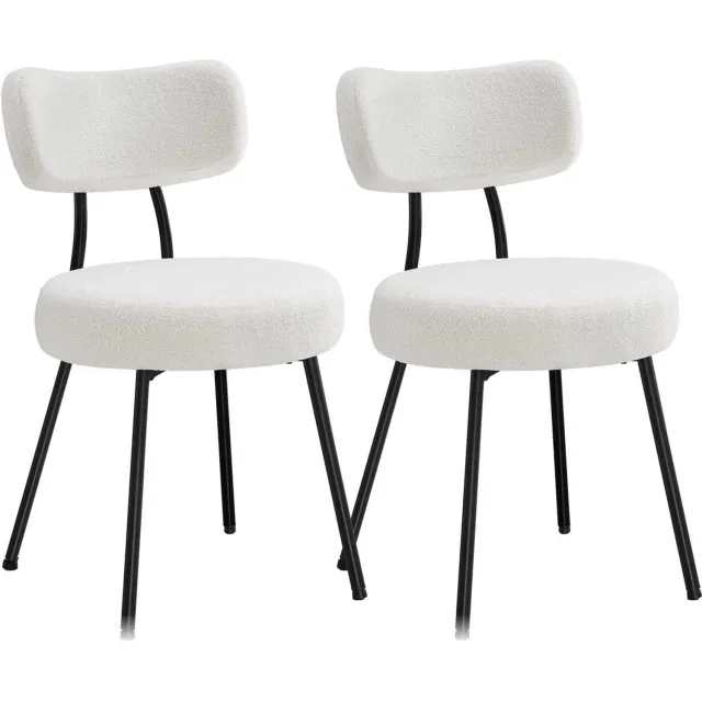 Klarven Eetkamerstoelen Crème - Set van 2 - Gestoffeerd met Fleece Bekleding - Gebogen Rugleuning - Stalen Frame - Dining Chairs
