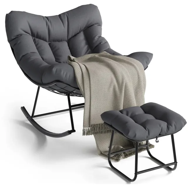 Archi Buitenhangstoel – Loungestoel - Extra Grote Loungestoel met Metalen Frame – PE Rotan Ei-Stoel met Dik Kussen - Donker grijs Donkergrijs