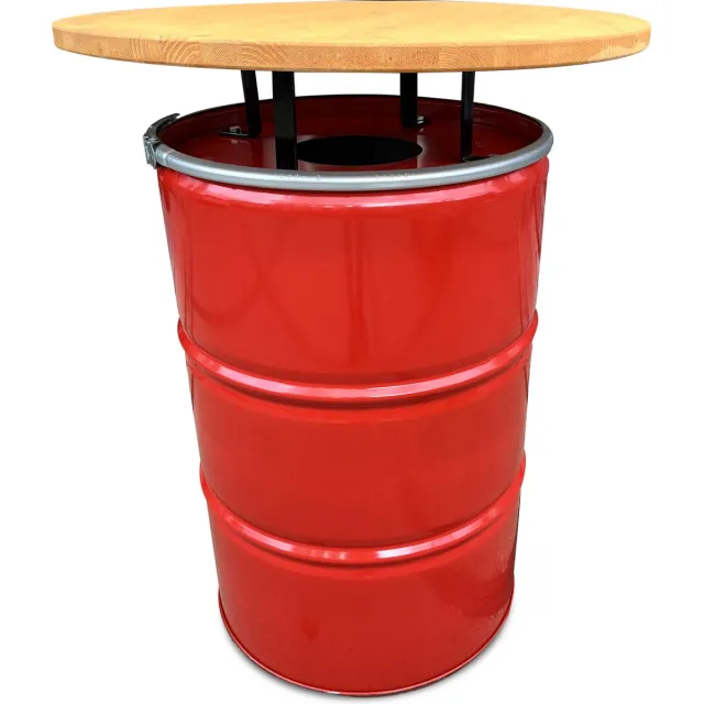 Barrelkings Statafel & Prullenbak 2-in-1 - Rood Metaal Olievat - Ø80x105 cm - 200L - Houten Tafelblad - Gatdeksel