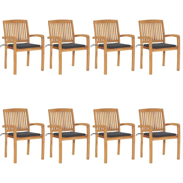vidaXL Tuinstoelen stapelbaar 8 st met kussens massief teakhout Anthraciet