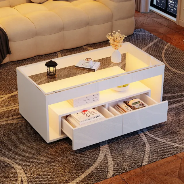 MUVANO Moderne Salontafel Met Led Verlichting - Witte Hoogglans Salontafel - Salontafel Met 2 Grote Lades - 100x50x40 cm - App Gestuurd - Woonkamer Wit