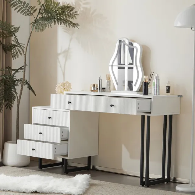 KOMHTOM BLACKCOLORS Kaptafel, kaptafelset met spiegel en verlichting, uitschuifbaar blad, LED-verlichting in 3 kleuren, afmetingen: L100/H76/P40 cm (zonder kruk) Wit