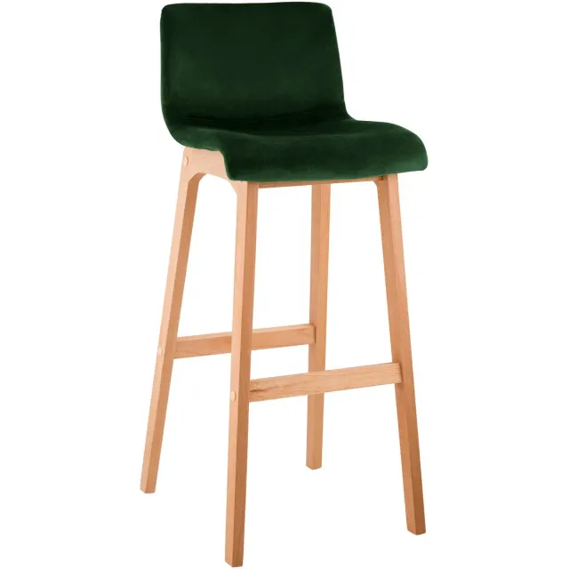 CLP Barkruk Hover - met rugleuning - hout - vierpoot frame uit natura hout - velvet - fluweel - groen/natura