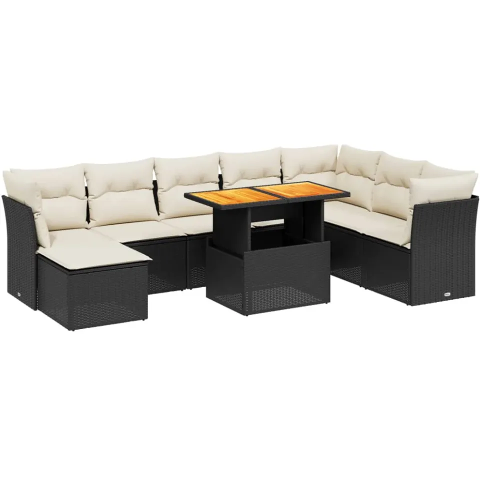 vidaXL 9-delige Loungeset met kussens poly rattan zwart