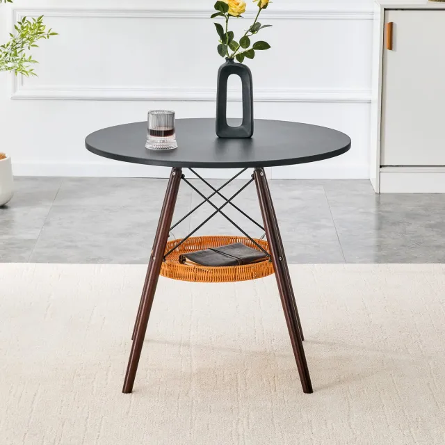 HAUSS SPOLE Ronde Eettafel - Met Opbergmand Voor Kleine Ruimtes - MDF En Massief Hout - 80 Cm - Zwart En Walnootkleur