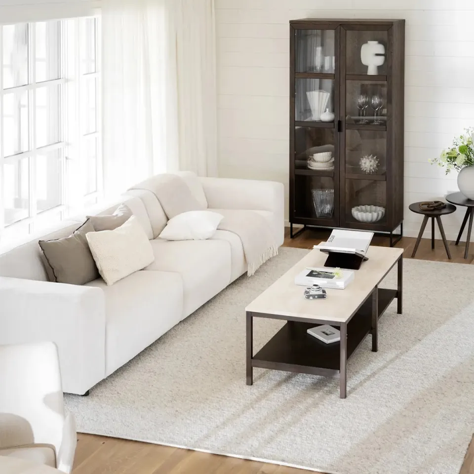Rowico Home Orwel houten salontafel met travertine tafelblad - donker eiken - 140 cm, foto 2