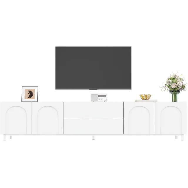 Zubaliya tv meubel Wit 180x40x48 cm - Symmetrisch met 4 deuren en 2 lades - Elegant bogendesign en stalen buispoten - Geïntegreerde kabeldoorvoer voor woonkamer