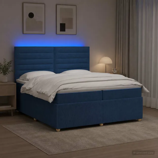 vidaXL LED Boxspring Bed met Matras Blauw 200 x 200 cm Stof