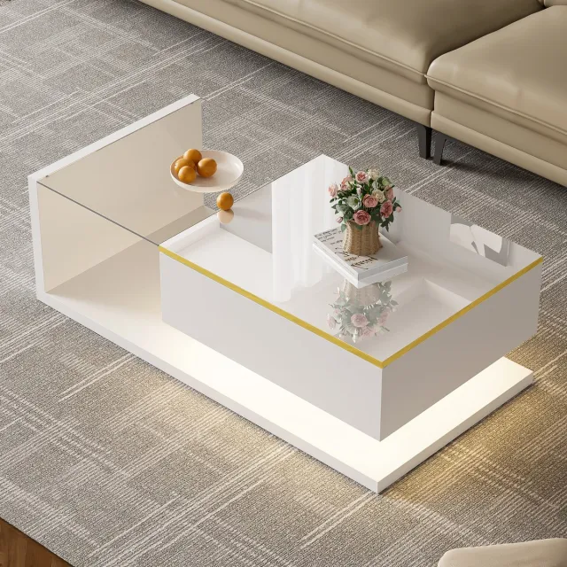 DESMIU Salontafel - Hoogglans Wit Met Glas En Dimbare Ledverlichting - Voor Woonkamer En Bezoek - Spaanplaat - 100x50x32,5 Cm
