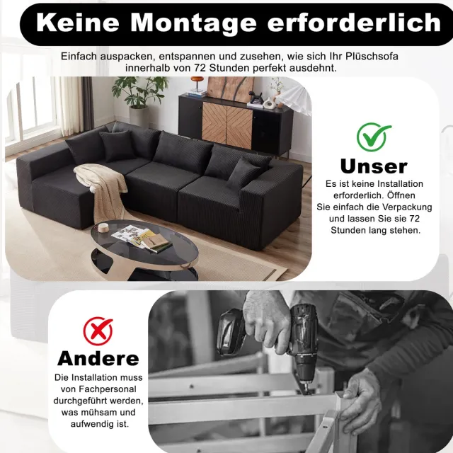 OKWISH Modulaire Bank – 4-Zits L-Vormige Set – Corduroy Bekleding – Vrij Te Combineren – Zonder Montage – Voor Woonkamer En Slaapkamer – Zwart