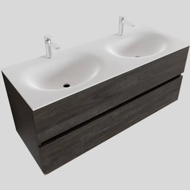 Boss & Wessing Badkamermeubel Solid Surface BWS Stockholm 120x46 cm Dubbel Wood Dark Brown (met 2 kraangaten) Houtlook