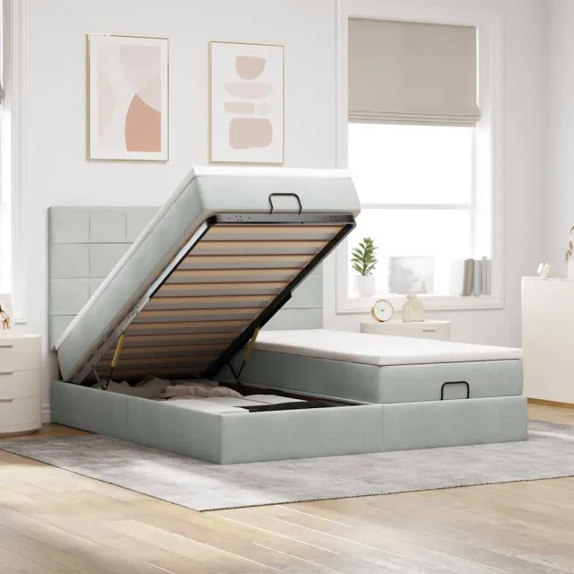 vidaXL Ottoman bed met matrassen en LED's 160x200cm fluweel lichtgrijs
