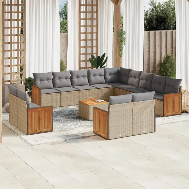 vidaXL 14-delige Loungeset met kussens poly rattan beige, foto 2