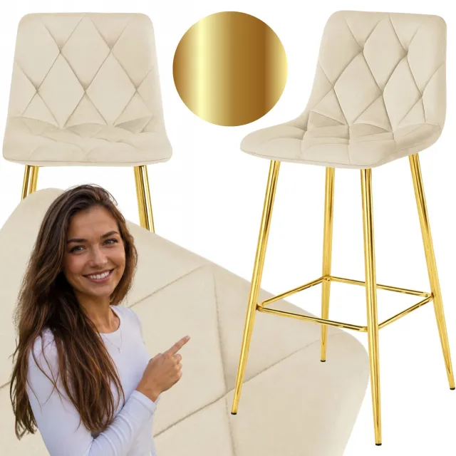 MUFART Modena Beige Velours Barstoel - Hoge Keuken Barkruk met Gouden Poten