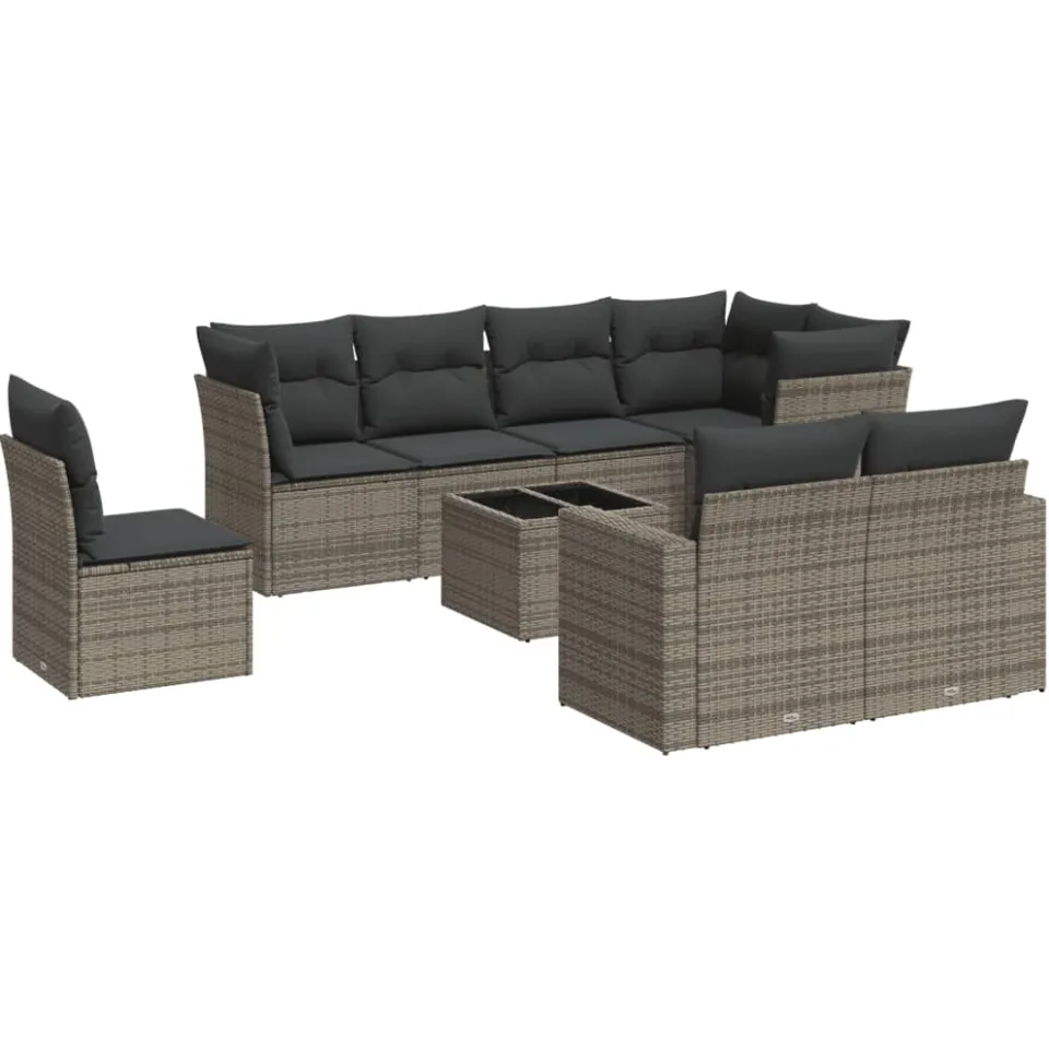 vidaXL 9-delige Loungeset met kussens poly rattan grijs
