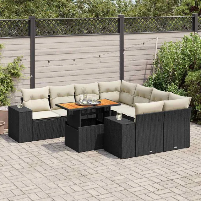 vidaXL 9-delige Loungeset met kussens poly rattan zwart, foto 2