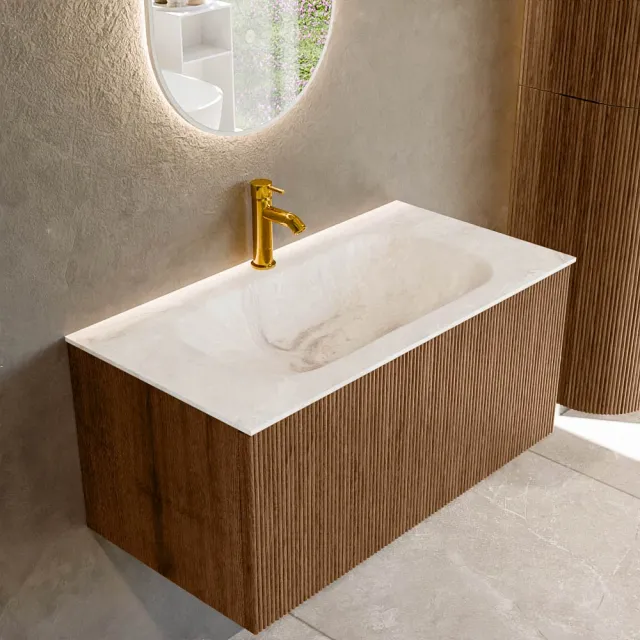 Mondiaz KURVE-DLUX 90 cm Onderkast Greeploos 1 Lade Zonder Deuren Walnut, Wastafel Solid Surface Midden Frappe 1 Kraangat Zonder Spiegel (KRVBGS901L0D1KM-Wal/Fra)