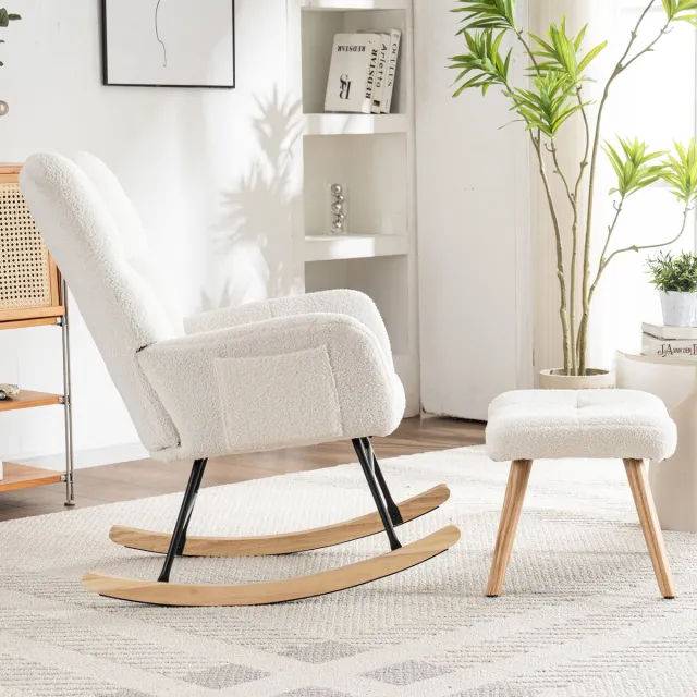 HAUSS SPOLE Schommelstoel Fauteuil Met Hocker - Ergonomisch Design Met Armleuningen En Dik Kussen - Voor Woonkamer En Slaapkamer - Bouclé Wit