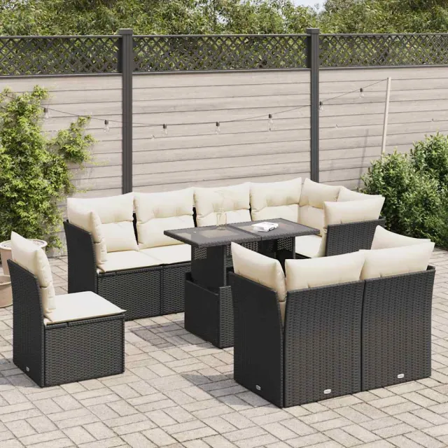 vidaXL 9-delige Loungeset met kussens poly rattan zwart, foto 2