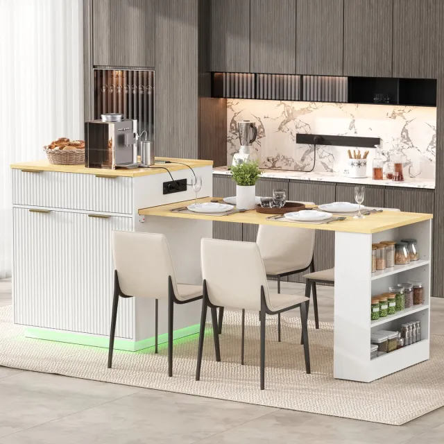 OKWISH Eettafel - Uitschuifbare Keukeneiland Tafel - Met Led Verlichting En Stopcontacten - Opbergruimte Met Laden - Wit Mdf - 127,5 Cm