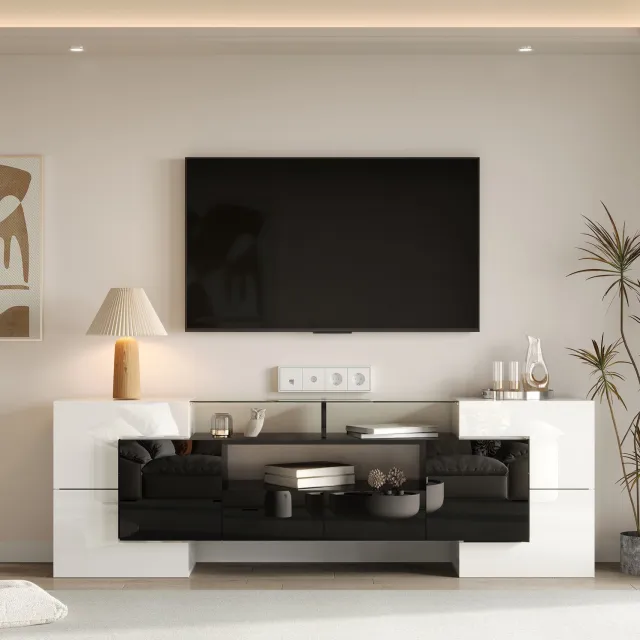 Maisentiel TV-meubel 200 cm - hoogglans wit en zwart - met ledverlichting en opbergruimte