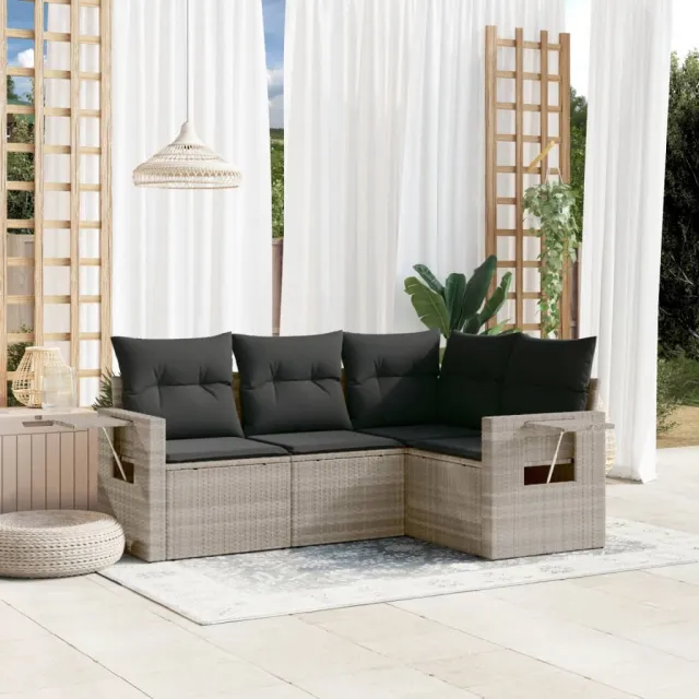 vidaXL 4-delige Loungeset met kussens poly rattan lichtgrijs grijs, foto 2