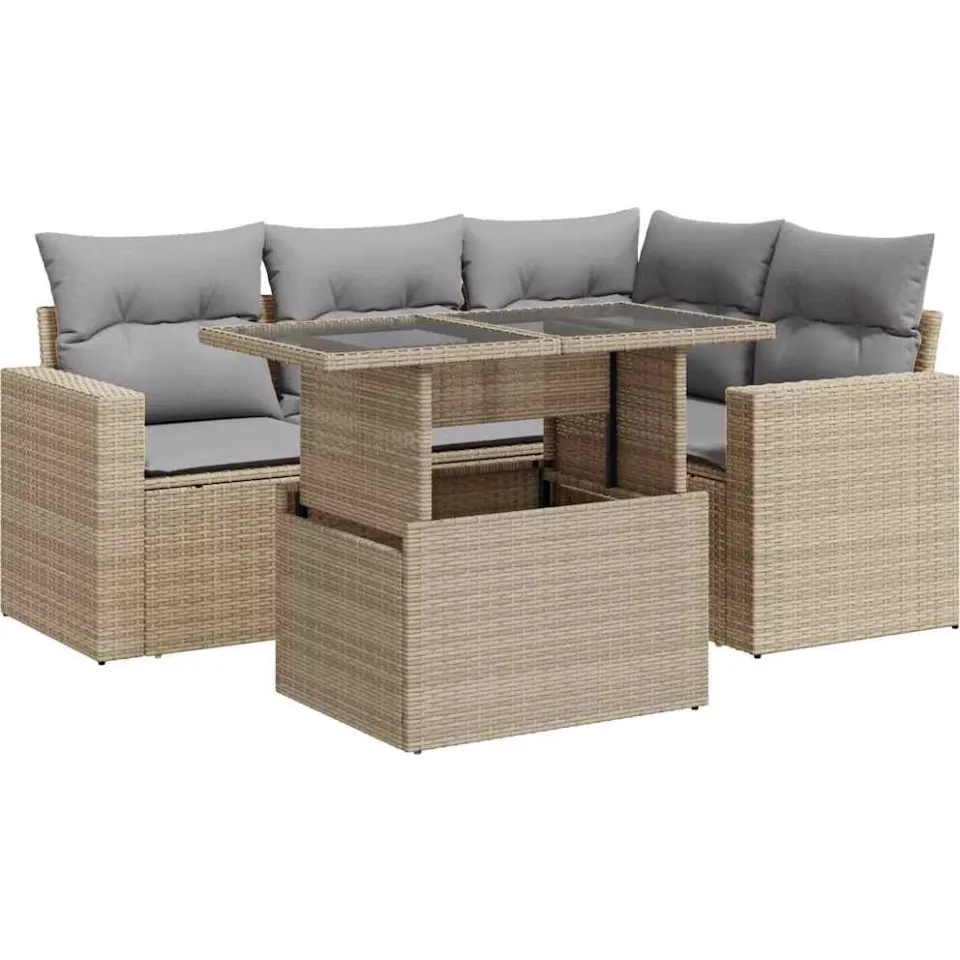 vidaXL 5-delige Loungeset met kussens poly rattan beige, foto 3