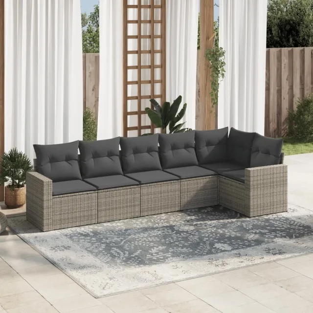 vidaXL 6-delige Loungeset met kussens poly rattan grijs, foto 2