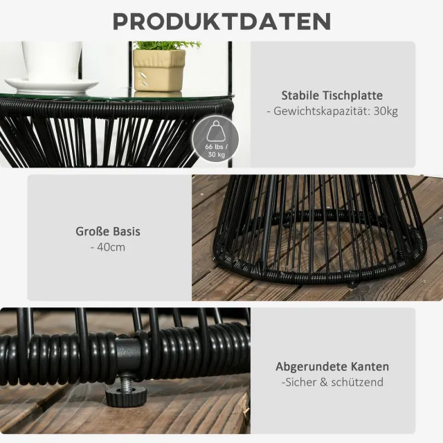 DESMIU Tuintafel - Ronde Bijzettafel Met Gehard Glazen Blad En Polyrattan - Voor Balkon En Tuin - Metaal - 40 Cm - Zwart
