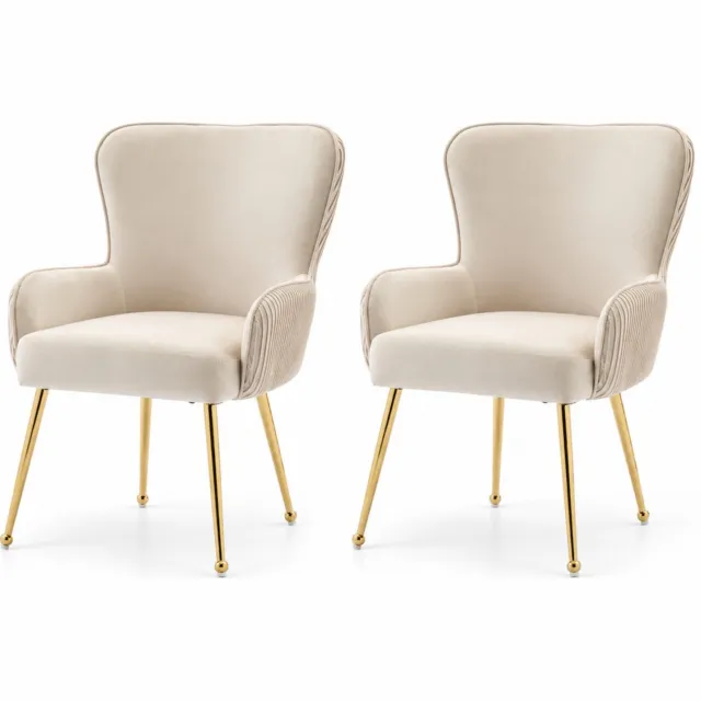 City long dragon LONG DRAGON - Velvet eetkamerstoelen - Set van 2 - Vier goudkleurige metalen poten - Armleuningen en lendensteun - Verstelbare voetjes - Beige