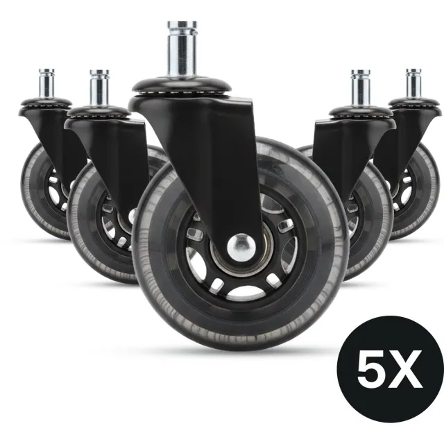 DIVERZA Bureaustoelwielen – 11mm/75mm – Set van 5 Zwenkwielen – Klikmontage – Geschikt voor harde vloeren – Zwart