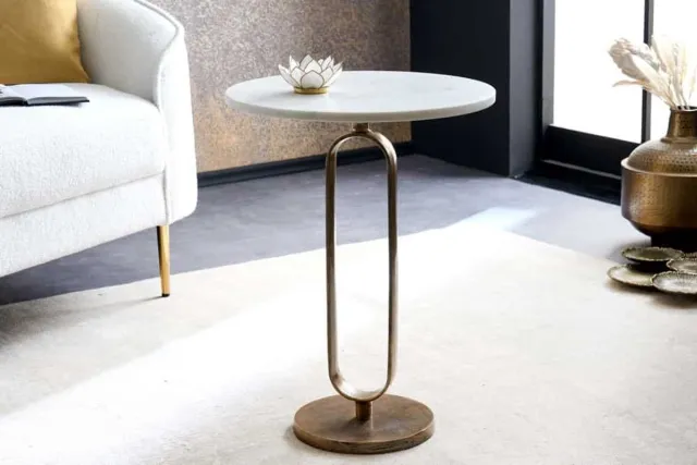 Invicta Interior Ronde bijzettafel ELEGANCE 60cm witgoud antiek marmer metaal aluminium handgemaakt - 43612 Zie omschrijving