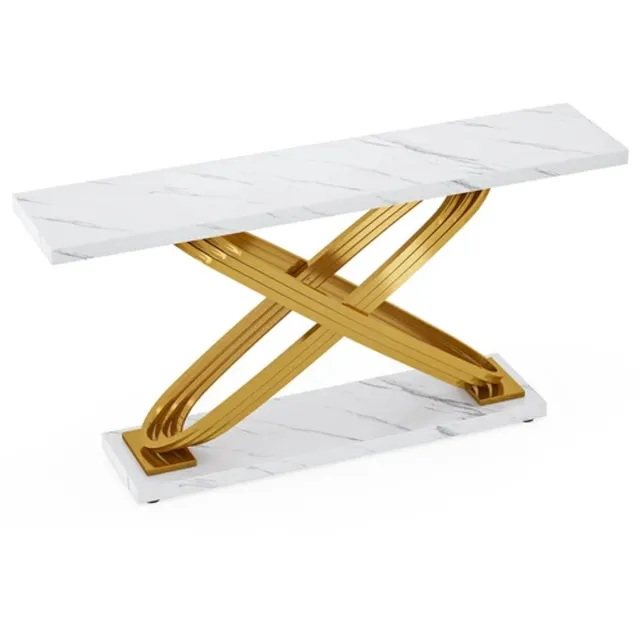 DMG Supply Consoletafel - Marmerlook Blad - Goudkleurig X-frame - 140 x 35 x 80 cm - Wit/Goud