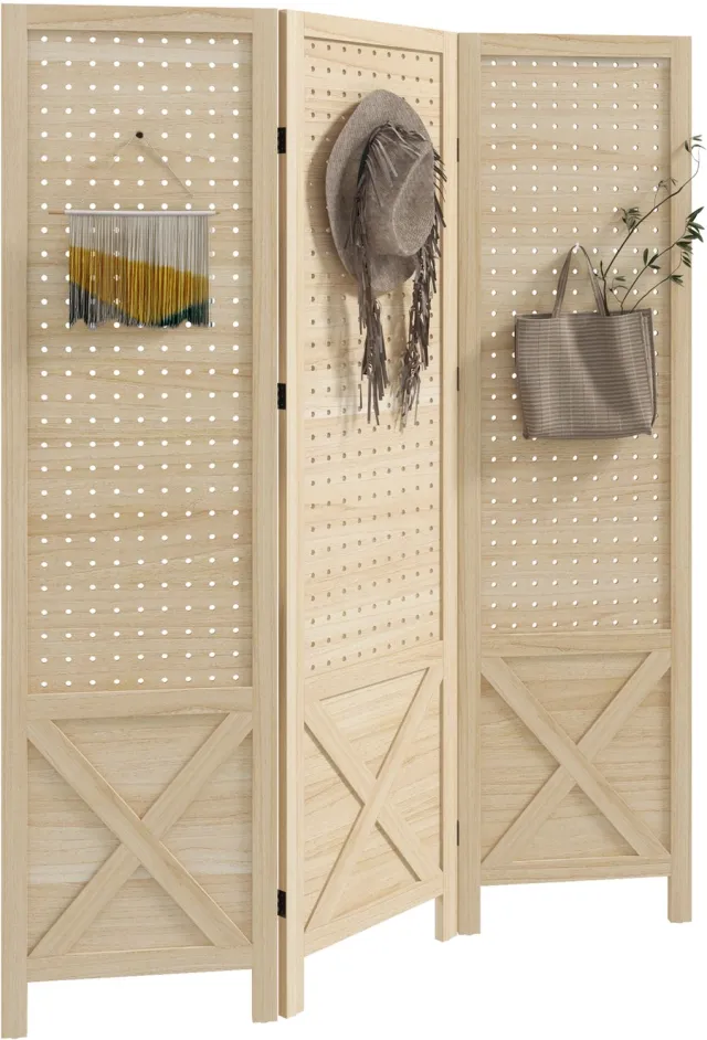 Hoohohoo 3-paneel kamerscherm met pegboard 1.4m hoog naturel Natuurlijk hout
