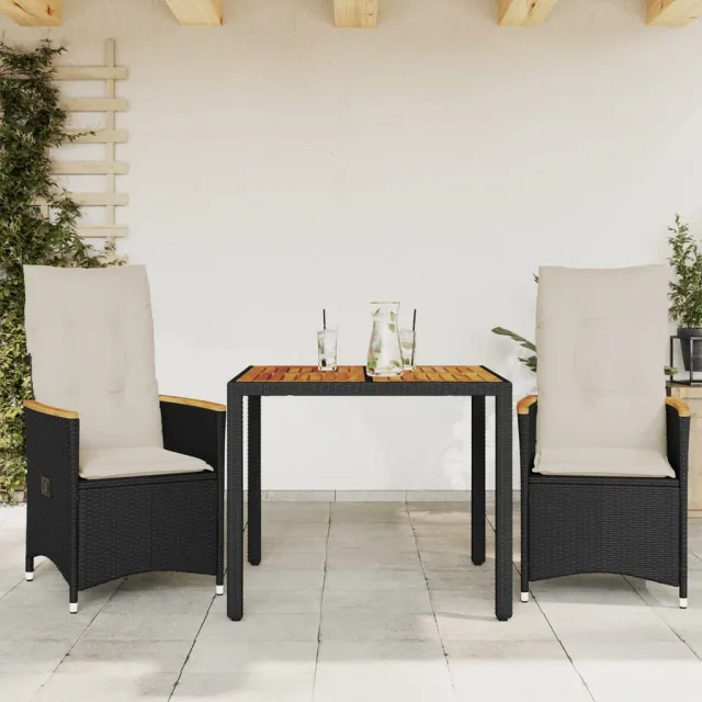 vidaXL 3-delige Bistroset met kussens poly rattan zwart, foto 2