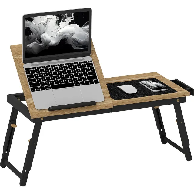 TEKROA Verstelbare Laptoptafel - Opvouwbaar Schootbureau met Kantelbaar Blad & Lade -voor op Bed en Bank - 83x33 cm - Eiken