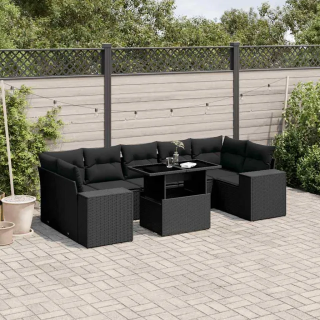 vidaXL 8-delige Loungeset met kussens poly rattan zwart, foto 2