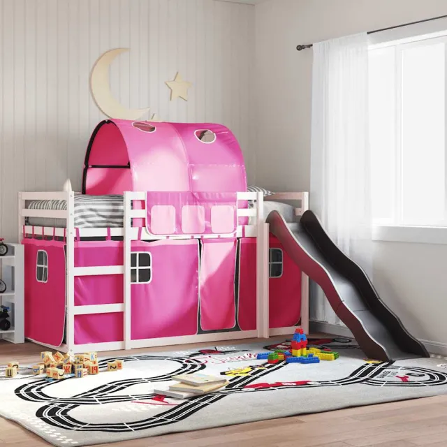 vidaXL Stapelbed met glijbaan en gordijnen roze 90x200 cm