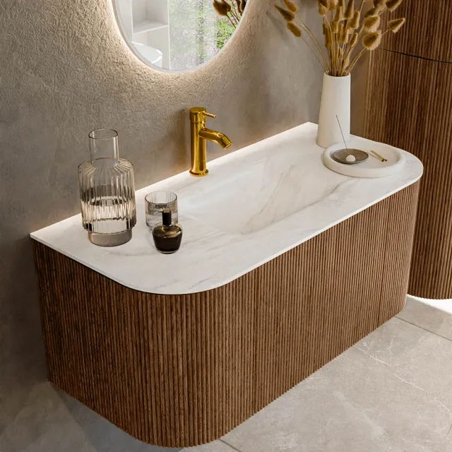 Mondiaz KURVE-DLUX 100 cm Onderkast Greeploos 1 Lade Met Deuren Walnut, Wastafel Solid Surface MIdden Ostra 1 Kraangat Zonder Spiegel (KRVGRU100L+R1L2D1KM-Wal/Ost)