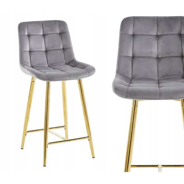 Furnitex Grijze Velvet Hoker met Gouden Poten - Stijlvol Keukenbarmeubel Grijs