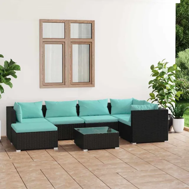 vidaXL 7-delige Loungeset met kussens poly rattan zwart, foto 2