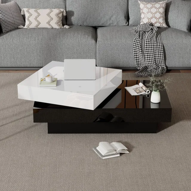 Clruro Draaibare Salontafel - 100 x 50 x 35 cm - Zwart-Witte Naad met Hoogglans - Dubbellaags Design - Geschikt voor Woonkamer - Hout - Zwart Wit+Zwart