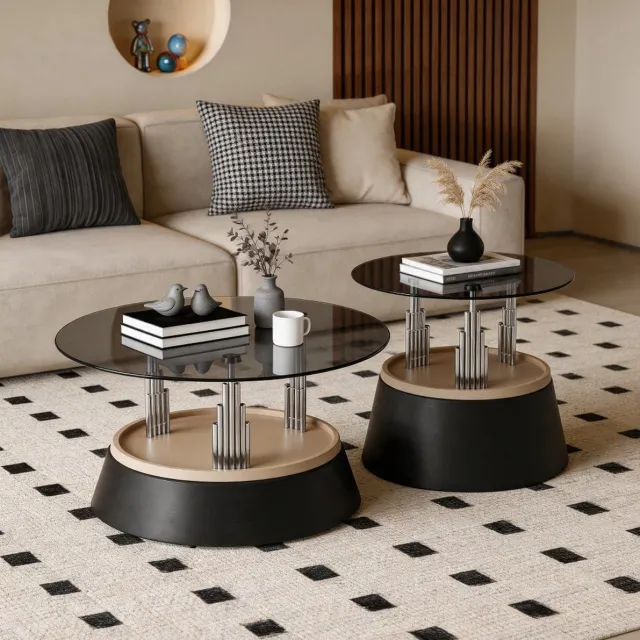 STILVORA Salontafel Set Van 2 - Rond Nesting Design Met Glasplaat - Ruimtebesparend Voor Woonkamer - Glas En Metaal - Zwart Black