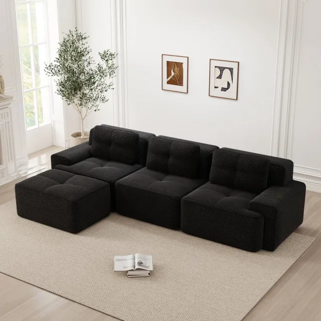 HAUSS SPOLE Modulaire Hoekbank 3-Zits Met Ottoman - Diepe Zit 74 Cm - Montagevrij - Ribstof - Zwart