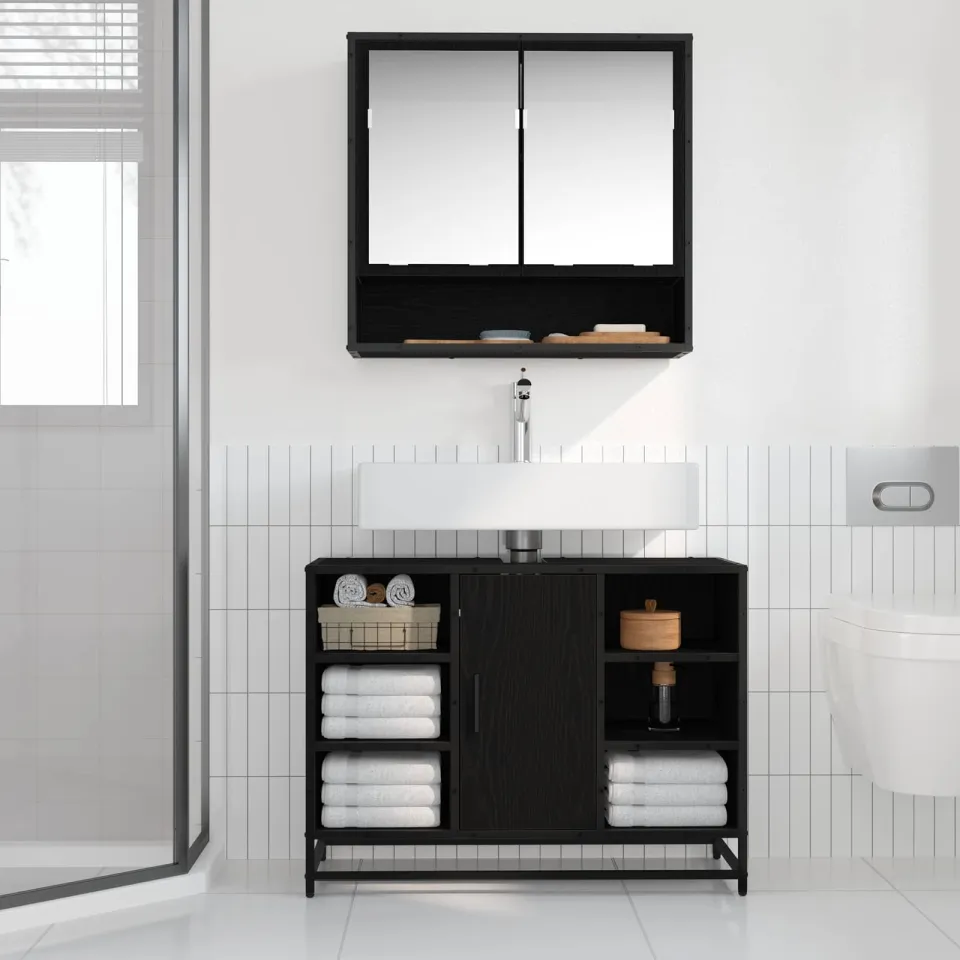 vidaXL Badkamerkast Zwart Eiken 80 x 33 x 60 cm Bewerkt hout, foto 4