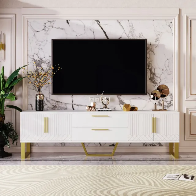 Wishdor Tv-Meubel - Hoogglans Afwerking - Vier Deuren Met Gesneden Reliëf - Met Kabeldoorvoer - Mdf - Wit Met Goud - 170 X 40 X 53,5 Cm