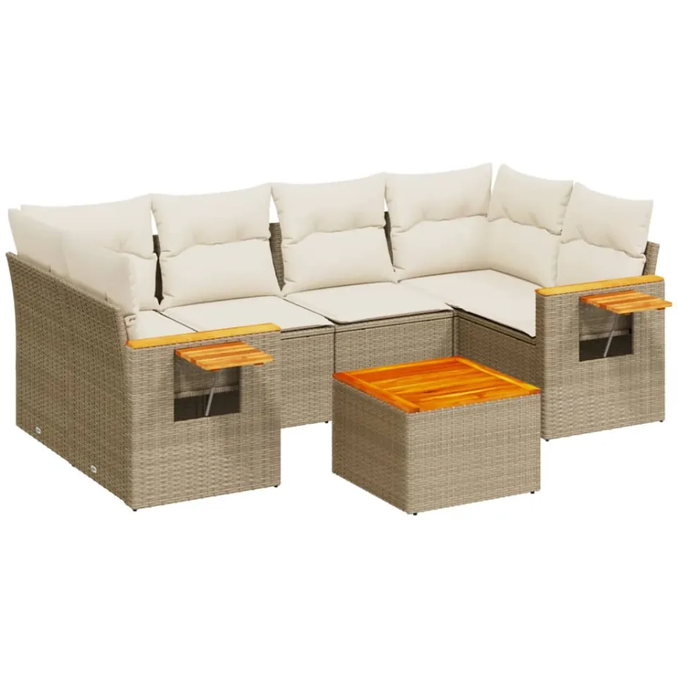 vidaXL 7-delige Loungeset met kussens poly rattan beige, foto 3