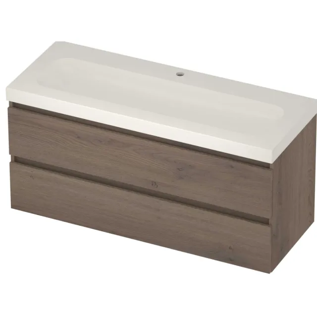 Basic-Line Moby 46 Badmeubelset Polystone 1 Kraangat Greeploos 120x46x58 cm Dusk Oak Glans Wit